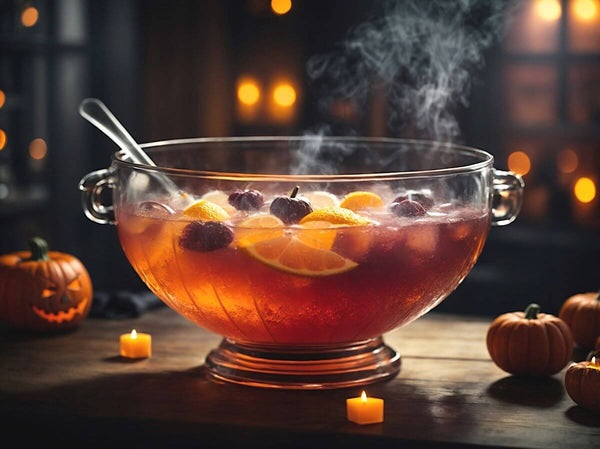 A dark and eerie background, in the foreground a large glass punch bowl filled with orange-red liquid, garnished with citrus slices and mini pumpkins