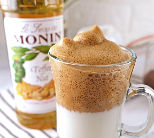 Dalgona coffee using Monin Toffee Nut Syrup.