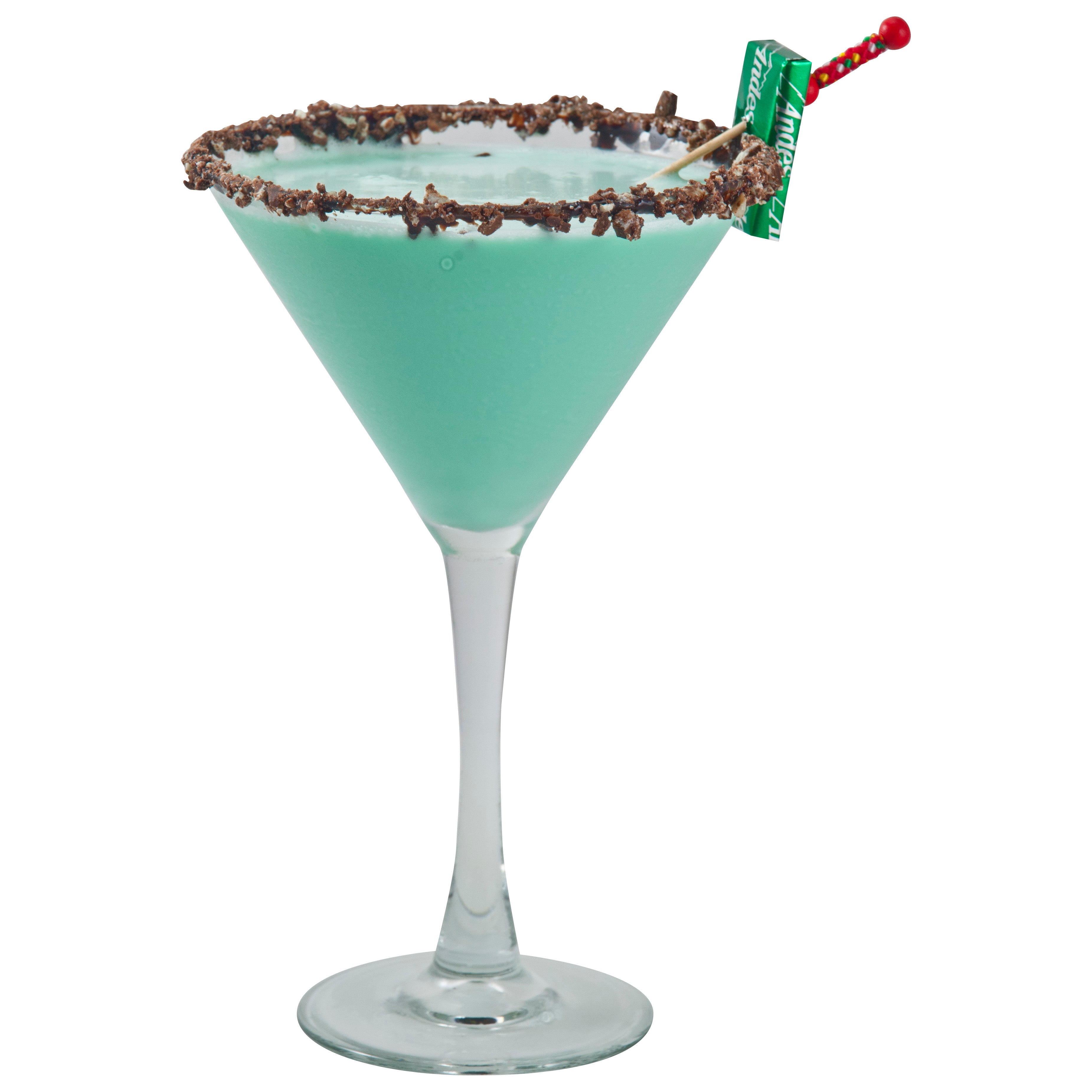 Shamrock Martini with a chocolate rim and garnished with an Andes mint.